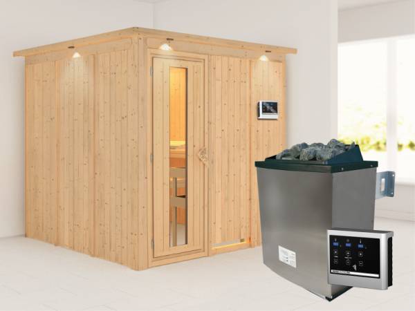 Karibu Sauna Rodin inkl. 9-kW-Ofen mit externer Steuerung, mit Dachkranz, mit energiesparender Saunatür