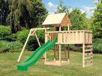 Akubi Spielturm Lotti Satteldach + Rutsche grün + Einzelschaukel + Anbauplattform XL + Kletterwand