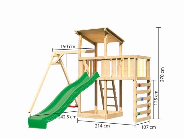 Akubi Spielturm Anna + Rutsche grün + Einzelschaukel + Anbauplattform + Kletterwand