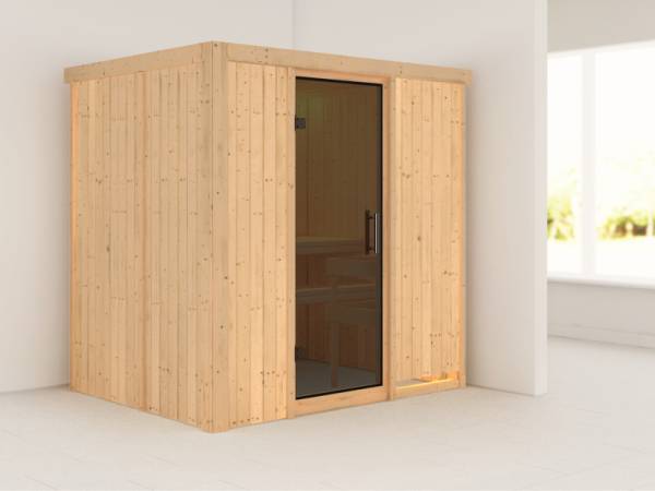 Karibu Sauna Bodin ohne Ofen, ohne Dachkranz, mit moderner Saunatür