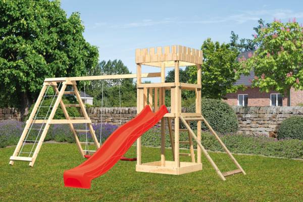 Karibu Ritterburg Löwenherz + Rutsche + Doppelschaukelanbau Klettergerüst + Netzrampe Karibu Ritterburg Löwenherz + Rutsche + Doppelschaukelanbau Klettergerüst + Netzrampe