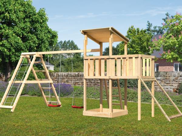 Karibu Spielturm Anna + Doppelschaukelanbau Klettergerüst + Anbauplattform + Netzrampe Karibu Spielturm Anna + Doppelschaukelanbau Klettergerüst + Anbauplattform + Netzrampe