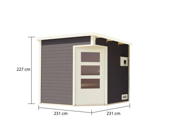 Karibu Saunahaus Pelle 38 mm terragrau - inkl. 9 kW Ofen externe Steuerung - moderne Tür