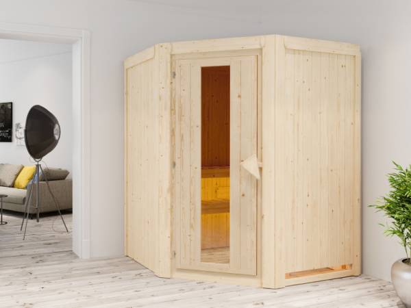 Karibu Sauna Larin inkl. 9 kW Ofen mit externer Steuerung, ohne Dachkranz, mit energiesparender Saunatür