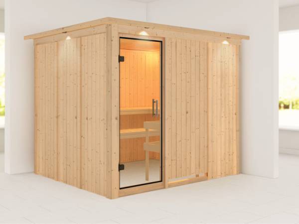 Karibu Sauna Gobin ohne Ofen, mit Dachkranz, mit Klarglas Ganzglastür