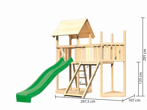 Akubi Spielturm Lotti Satteldach + Schiffsanbau oben + Anbauplattform + Netzrampe + Rutsche in grün