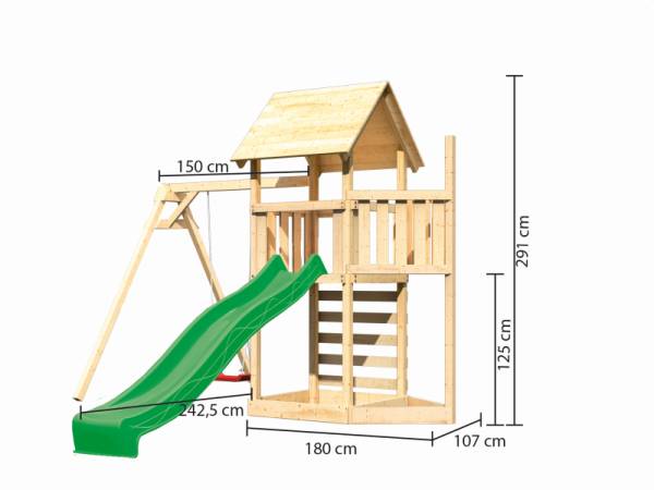 Akubi Spielturm Lotti Satteldach + Schiffsanbau oben + Einzelschaukel + Kletterwand + Rutsche in grü