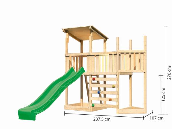 Akubi Spielturm Anna + Rutsche grün + Anbauplattform + Kletterwand + Schiffsanbau oben