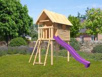Akubi Stelzenhaus Gernegross naturbelassen mit Rutsche in violett + Netzrampe