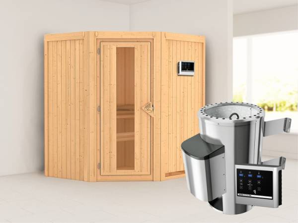 Tonja - Karibu Sauna Plug & Play 3,6 kW Ofen, ext. Steuerung - ohne Dachkranz - Energiespartür