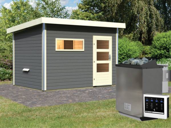 Karibu Saunahaus Skrollan 2 in terragrau- 9 kW Bioofen ext. Strg- moderne Tür
