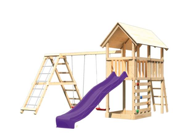 Akubi Spielturm Danny Satteldach + Rutsche violett + Doppelschaukelanbau Klettergerüst + Kletterwand