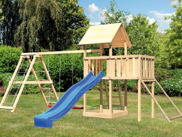 Karibu Spielturm Lotti Satteldach + Rutsche blau + Doppelschaukelanbau Klettergerüst + Anbauplattform + Netzrampe
