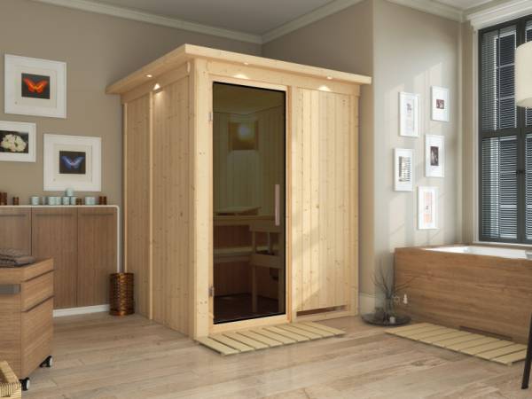 Minja - Karibu Sauna Plug & Play ohne Ofen - mit Dachkranz - moderne Sauantür