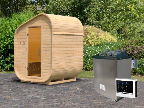 Karibu Fasssauna Asymmetrisch 1, inkl. 9 kW Ofen ext. Steuerung