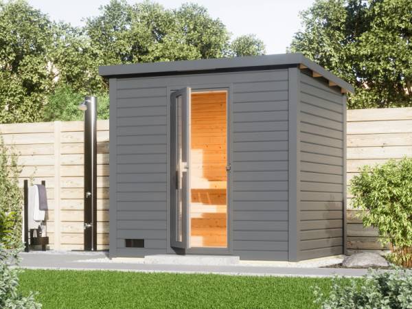 Karibu Saunahaus Hytti 3  38 mm terragrau- inkl. 9 kW Ofen ext. Steuerung - inkl. Energiespartür und Fußboden