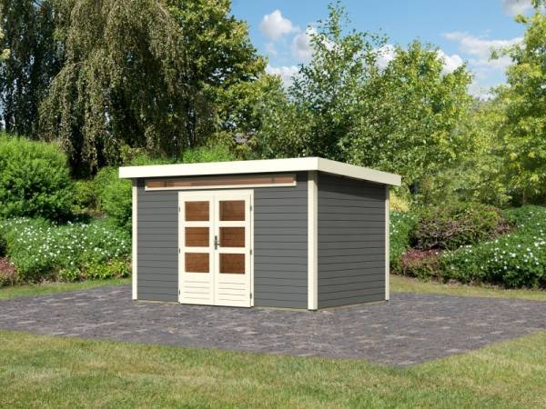 Karibu Gartenhaus Taro 3, terragrau inkl. Fußboden und inkl. Dacheindeckung (selbstklebende Dachbahn)