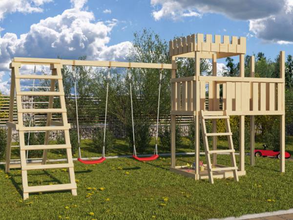 Karibu Ritterburg Löwenherz + Doppelschaukelanbau Klettergerüst + Anbauplattform Karibu Ritterburg Löwenherz + Doppelschaukelanbau Klettergerüst + Anbauplattform