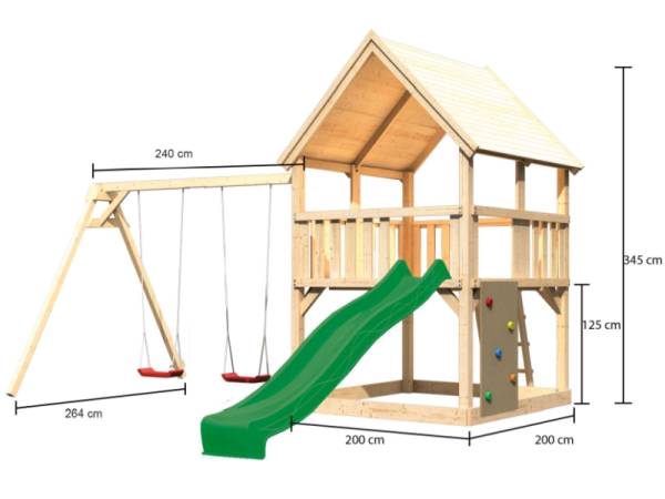 Akubi Spielturm Luis Satteldach + Rutsche grün + Doppelschaukel + Kletterwand