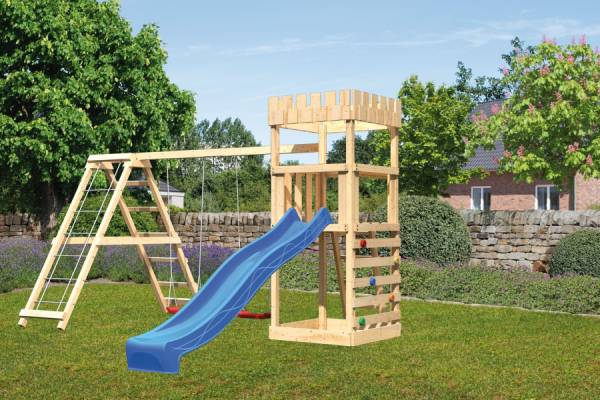 Karibu Ritterburg Löwenherz + Rutsche + Doppelschaukelanbau Klettergerüst + Kletterwand Karibu Ritterburg Löwenherz + Rutsche + Doppelschaukelanbau Klettergerüst + Kletterwand