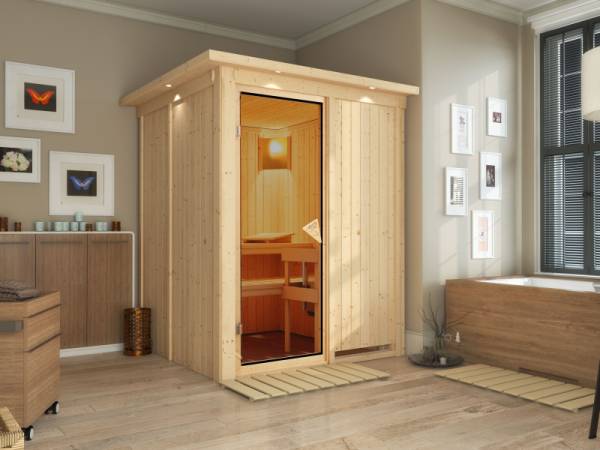 Minja - Karibu Sauna Plug & Play ohne Ofen - mit Dachkranz -