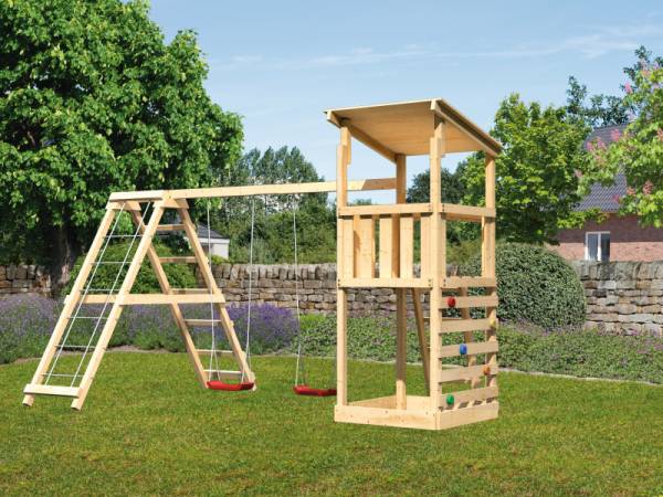 Karibu Spielturm Anna + Doppelschaukelanbau Klettergerüst + Kletterwand Karibu Spielturm Anna + Doppelschaukelanbau Klettergerüst + Kletterwand