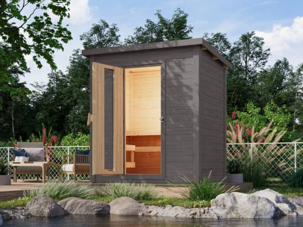 Karibu Saunahaus Hytti 1 38 mm, terragrau  - inkl. 9 kW Ofen integr. Steuerung - mit Energiespartür und Fußboden