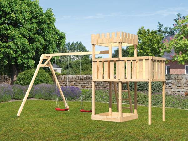 Karibu Ritterburg Löwenherz + Doppelschaukel + Anbauplattform Karibu Ritterburg Löwenherz + Doppelschaukel + Anbauplattform