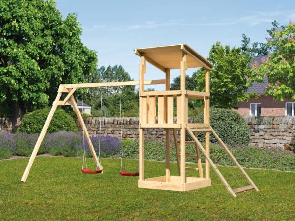 Karibu Spielturm Anna + Doppelschaukel + Netzrampe Karibu Spielturm Anna + Doppelschaukel + Netzrampe