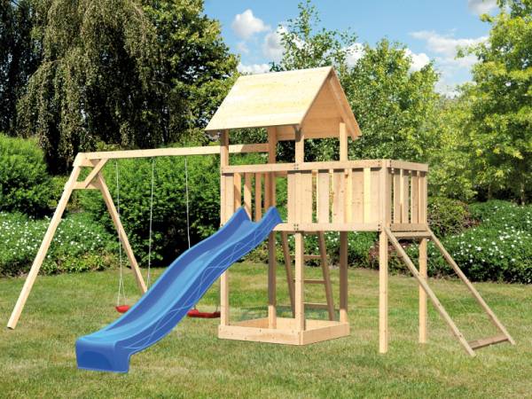 Karibu Spielturm Lotti Satteldach + Rutsche blau + Doppelschaukel + Anbauplattform + Netzrampe Karibu Spielturm Lotti Satteldach + Rutsche blau + Doppelschaukel + Anbauplattform + Netzrampe