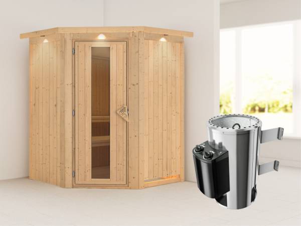 Nanja - Karibu Sauna Plug & Play 3,6 kW Ofen, int. Steuerung - mit Dachkranz - Energiespartür