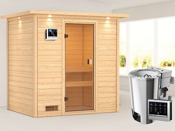 Karibu Sauna Selena mit 3,6 kW Bioofen ext. Strg und Dachkranz 38 mm Karibu Sauna Selena mit 3,6 kW Bioofen ext. Strg und Dachkranz 38 mm