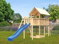 Akubi Spielturm Danny Satteldach + Rutsche blau + Einzelschaukel + Anbauplattform