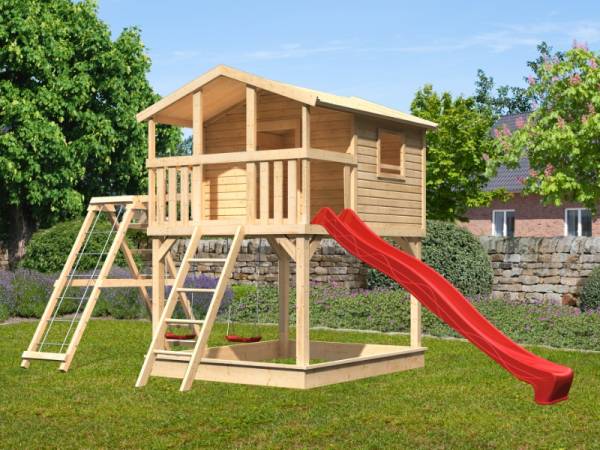 Karibu Stelzenhaus Benjamin natur mit Rutsche in rot und Doppelschaukelanbau mit Klettergerüst und Netzrampe