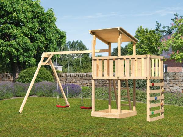Karibu Spielturm Anna + Doppelschaukel + Anbauplattform + Kletterwand Karibu Spielturm Anna + Doppelschaukel + Anbauplattform + Kletterwand