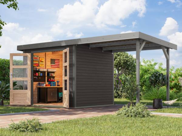Karibu Hybrid Gartenhaus Jupiter 3 B terragrau/graualuminium inkl. 2,35 m Anbaudach