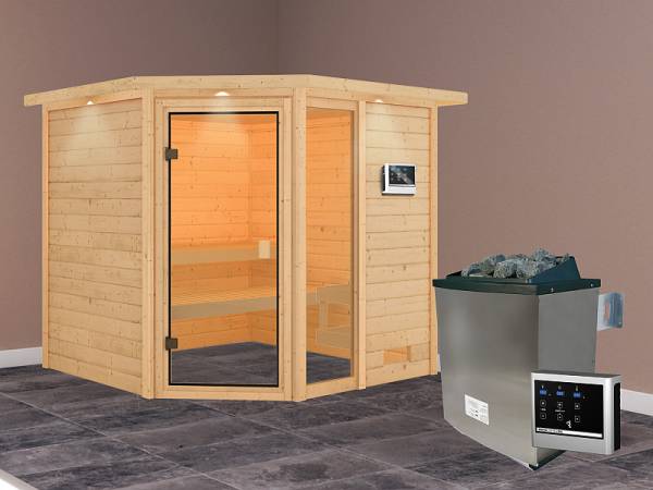 Karibu Sauna Tabea mit 9 kW Ofen ext. Strg und Dachkranz 38 mm Karibu Sauna Tabea mit 9 kW Ofen ext. Strg und Dachkranz 38 mm