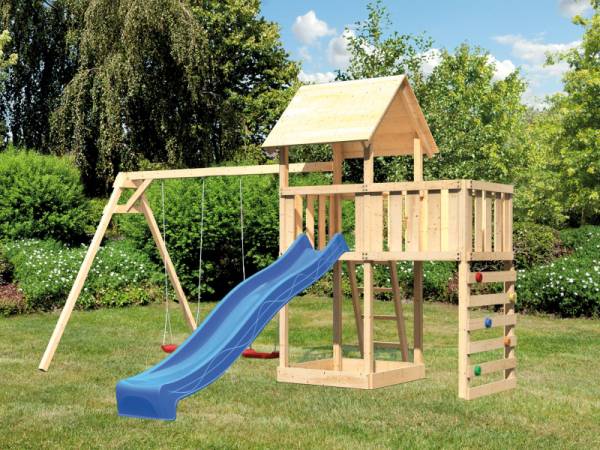 Karibu Spielturm Lotti Satteldach + Rutsche blau + Doppelschaukel + Anbauplattform + Kletterwand Karibu Spielturm Lotti Satteldach + Rutsche blau + Doppelschaukel + Anbauplattform + Kletterwand