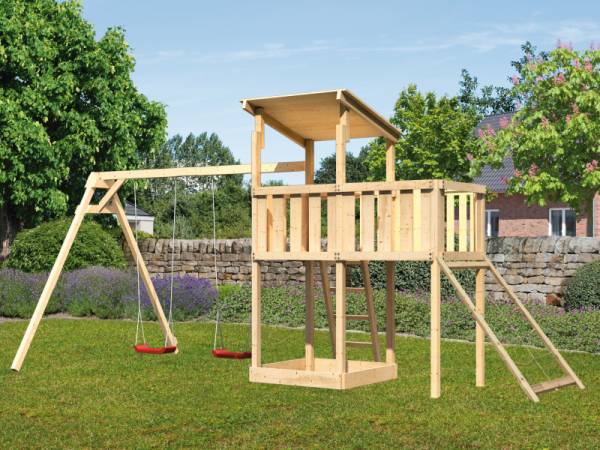 Karibu Spielturm Anna + Doppelschaukel + Anbauplattform + Netzrampe Karibu Spielturm Anna + Doppelschaukel + Anbauplattform + Netzrampe