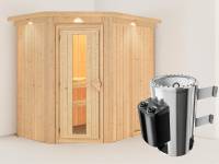 Karibu Energiesparsauna Caspin mit 3,6 kW Ofen integr. Strg, mit Dachkranz, mit energiesparender Saunatür