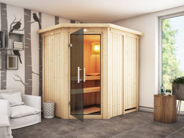 Karibu Sauna Carin ohne Ofen, mit Dachkranz, mit moderner Saunatür