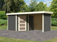 Karibu Gartenhaus Schwandorf 5 terragrau mit Anbaudach 2,25 Meter, Seiten- und Rückwand