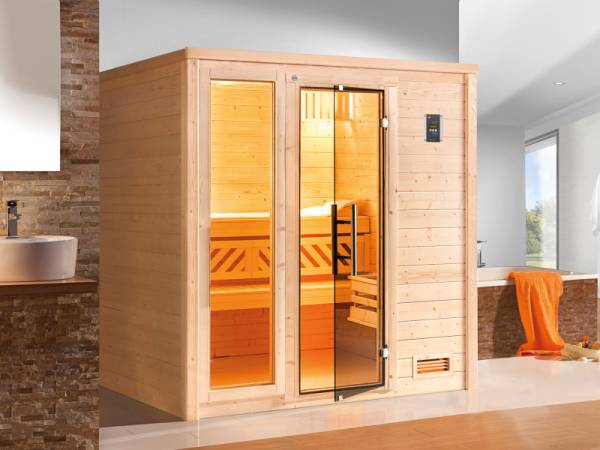 Weka Premium Sauna Bergen 2, inkl. Sparset mit 7,5 kW OS inkl. Steuerung, Ganzglastür und Fenster (GTF)