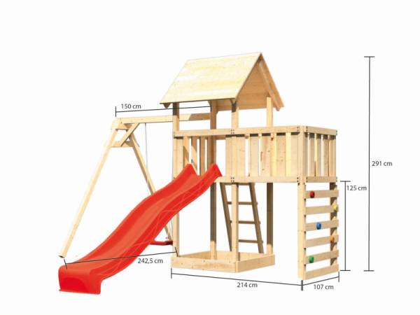 Akubi Spielturm Lotti Satteldach + Rutsche rot + Einzelschaukel + Anbauplattform + Kletterwand