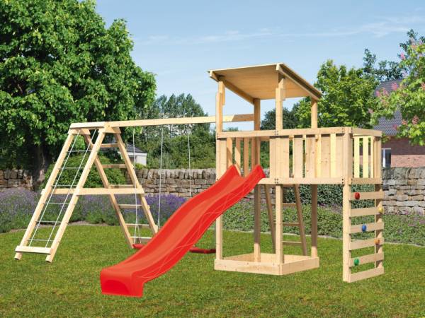 Karibu Spielturm Anna + Rutsche rot + Doppelschaukelanbau Klettergerüst + Anbauplattform + Kletterwand