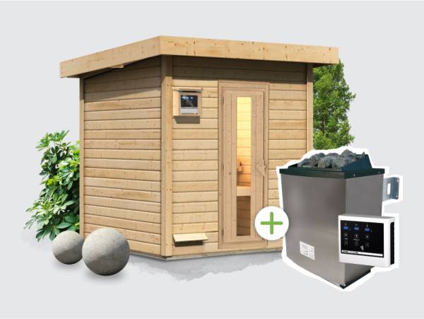 Osb smart choice Saunahaus Hella 2  38 mm - inkl. 9 kW Ofen ext. Steuerung - mit Dacheindeckung und Fußboden