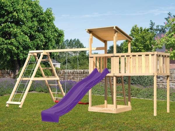 Akubi Spielturm Anna + Rutsche violett + Doppelschaukelanbau Klettergerüst + Anbauplattform XL