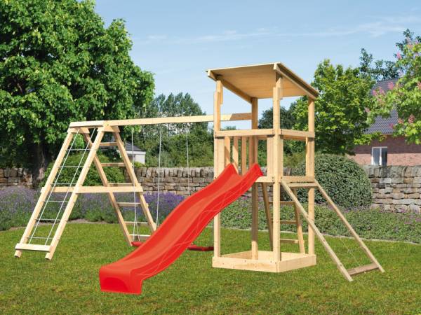 Karibu Spielturm Anna + Rutsche rot + Doppelschaukelanbau Klettergerüst + Netzrampe Karibu Spielturm Anna + Rutsche rot + Doppelschaukelanbau Klettergerüst + Netzrampe
