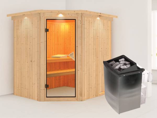 Karibu Sauna Siirin inkl. 9 kW Ofen integr. Steuerung mit klassischer Saunatür - mit Dachkranz -