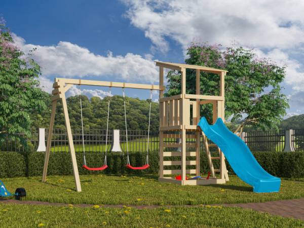 Karibu Spielturm Anna + Rutsche blau + Doppelschaukel + Kletterwand Karibu Spielturm Anna + Rutsche blau + Doppelschaukel + Kletterwand